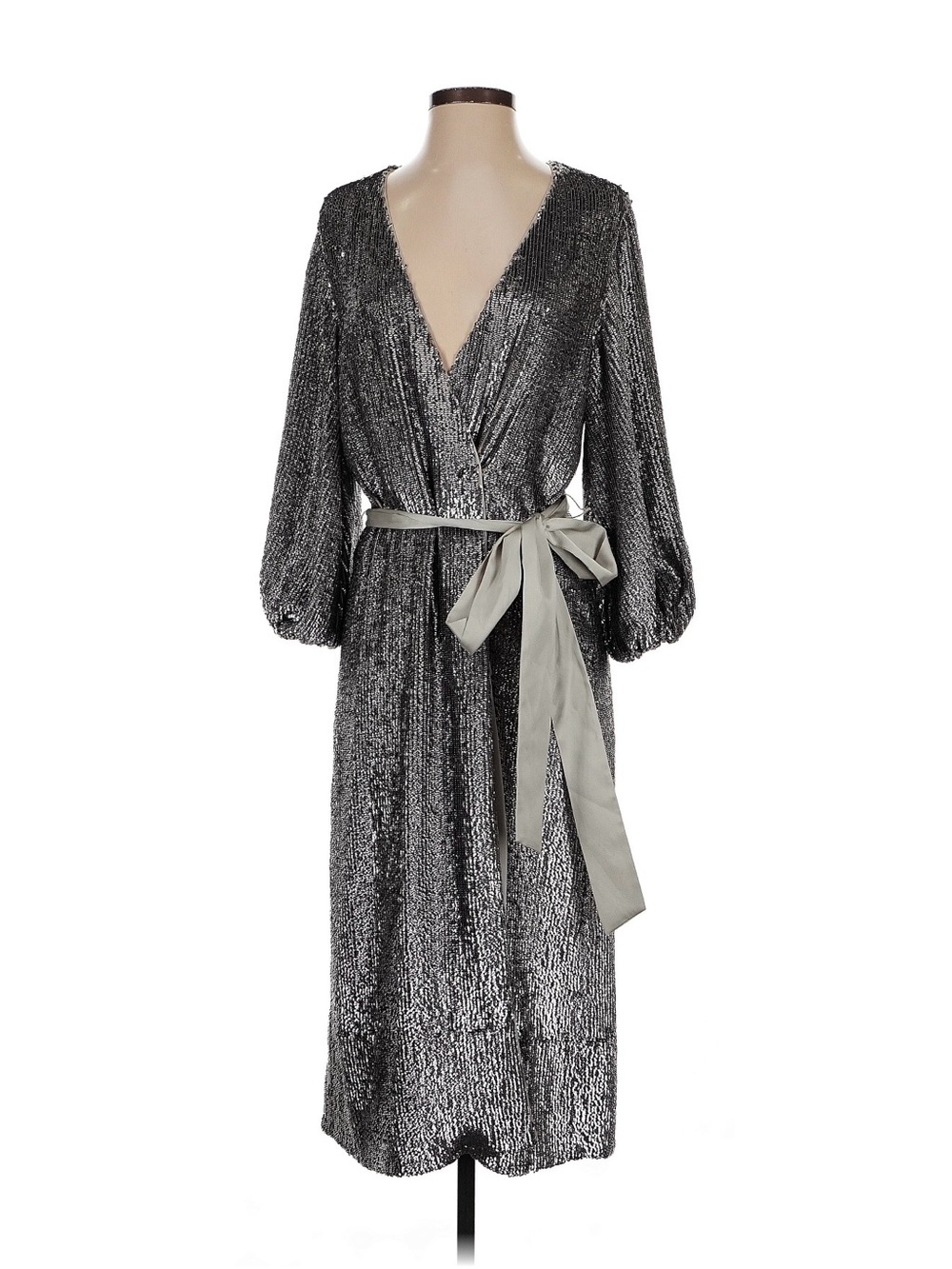 Alice + Olivia Silver Sequin Wrap Midi Robe with Satin Tie